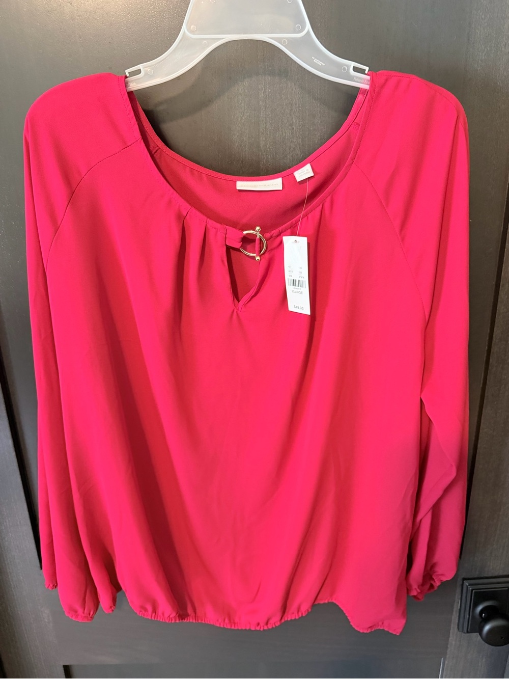 New York & Company Red Long-Sleeve Blouse with Gold Ring Detail